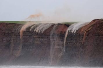 英国约克郡海边悬崖狂风将雨水吹回的震撼瞬间